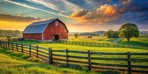 landscape with barn and fence in foreground point of view