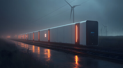 Obraz premium Advanced battery storage units integrated with wind farms and solar plants, storing renewable energy for stable grid performance