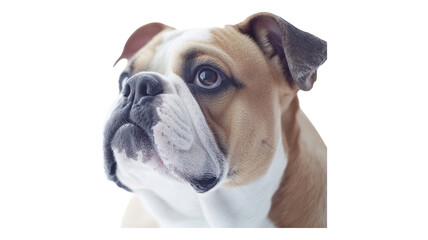 Obraz premium A close-up of a curious bulldog looking upwards with bright eyes and a distinctive coat, indoors with a soft background.