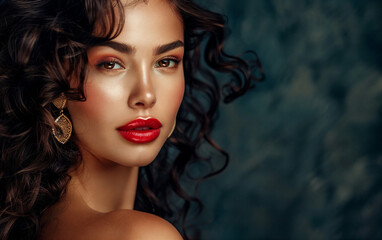 Fototapeta premium Captivating portrait of a woman with bold makeup and luscious curls in an artistic setting