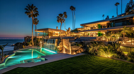 Fototapeta premium Luxurious oceanfront villa with a pool at twilight in a tropical paradise
