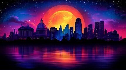 Fototapeta premium vibrant city skyline at sunset, featuring iconic buildings silhouetted against large, glowing moon. colorful reflection on water adds to enchanting atmosphere