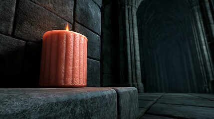 A serene candle illuminating the shadows of an ancient stone hall evoking mystery and tranquility in a gothic setting