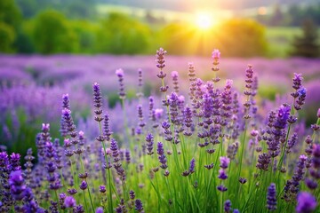 Naklejka premium Lavender plants in a lush green meadow surrounded by wildflowers, nature landscapes, meadow, garden
