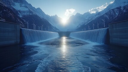 A futuristic landscape of wind turbines and solar panels connected to an energy storage facility, stabilizing renewable energy flow