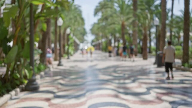 Defocused view of people walking along the palm tree-lined rambla in alicante, spain, showcasing a vibrant outdoor atmosphere