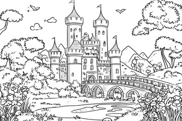 Fototapeta premium Majestic fairytale castle is standing on the shore of a lake with two bridges leading to it. Black and white children's coloring page