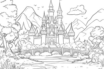 Obraz premium Majestic fairytale castle towering over a bridge and river in a mountain landscape coloring page