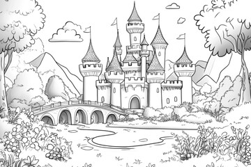 Obraz premium Majestic fairytale castle is standing on the shore of a lake with two bridges leading to it. Black and white children's coloring page