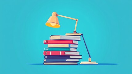 Desk lamp illuminating a stack of colorful books against a bright blue background.