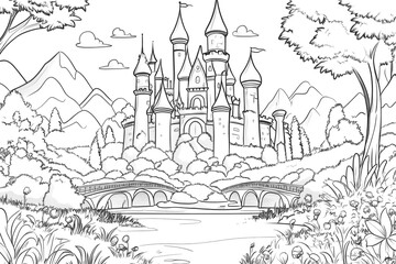 Obraz premium Fairytale castle surrounded by lush nature coloring page