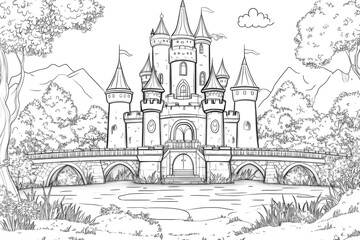 Majestic fairytale castle standing on river bank with bridge in magical kingdom. Black and white children's coloring page
