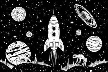 Fototapeta premium Spacecraft launching into space with aliens watching from a planet. Black and white children's coloring page