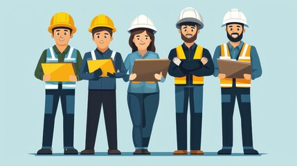 Obraz premium A diverse group of construction workers in safety gear, standing confidently with tools and plans, representing teamwork and professionalism.