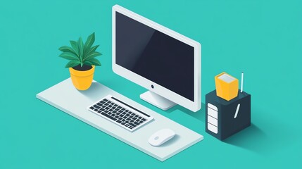Minimalist workspace setup with a computer, keyboard, and a potted plant on a teal background.