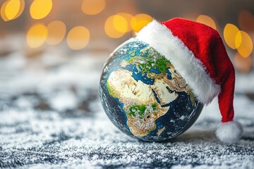 Globe with Santa Claus hat, Christmas and New Year concept, copy space