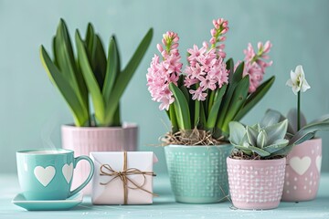 A blue cup of tea, a small gift, and three potted plants with pink flowers are sitting on a light blue wooden table.