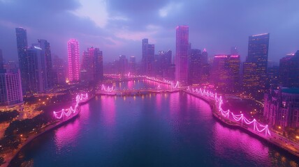 Obraz premium A vibrant cityscape at dusk with pink lights illuminating the skyline.