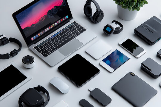 Modern technology devices lying on white desk forming ordered pattern