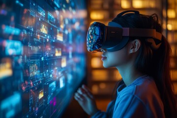 Fototapeta premium Woman wearing vr headset experiencing metaverse with digital interface