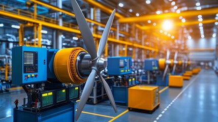 Fototapeta premium Turbine blades spinning in a state-of-the-art power plant, spotless surroundings, sharp metallic textures, natural light streaming through wide factory windows