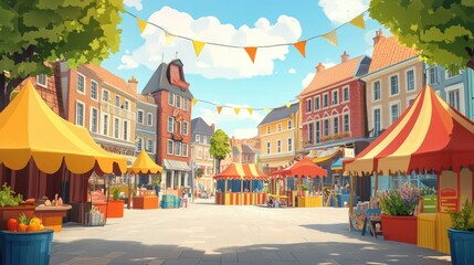 A European street fair in cartoon style, complete with tents and games, with ample copy space