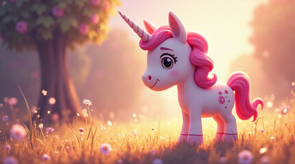 pink unicorn wanders around in nature