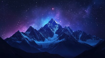 Low poly nightscape featuring luminous stars, jagged mountain silhouettes, tranquil atmosphere, serene beauty, digital art design