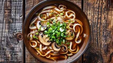A bowl of udon noodle soup with mushrooms and green onions on a rustic wooden table.