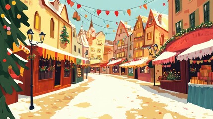 Naklejka premium A joyful cartoon of a European holiday market with colorful decorations, with space for text