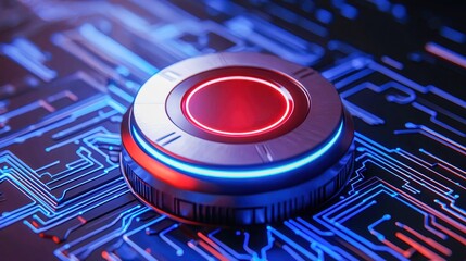 Modern tech button on circuit board, illuminated by blue and red light, symbolizing advancement in technology.