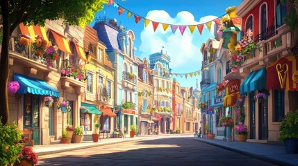 Naklejka premium A lively cartoon festival in a European city with colorful decorations and room for celebratory text