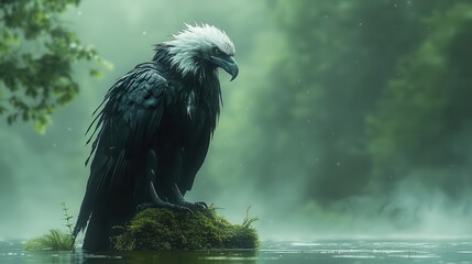 a striking black bird with a pristine white head perches gracefully showcasing its unique coloring and sharp features emphasizing its beauty against a soft blurred background