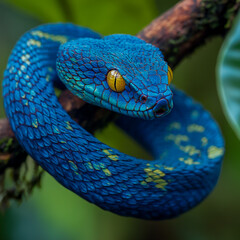 Fototapeta premium Blue pit viper snake native to Indonesia, showcasing its vibrant color and intricate patterns