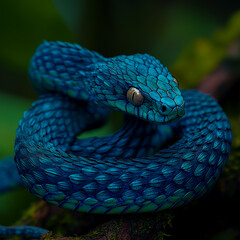 Fototapeta premium Blue pit viper snake native to Indonesia, showcasing its vibrant color and intricate patterns