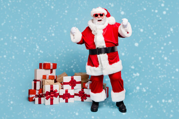 Full length body size view of his he nice fat cheerful cheery glad excited bearded Santa pile stack purchases winner sale discount isolated over blue turquoise pastel color background