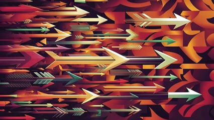 Energetic geometric background featuring an array of dynamic arrows in harmonious motion, evoking sense of speed, agility and purposeful flow