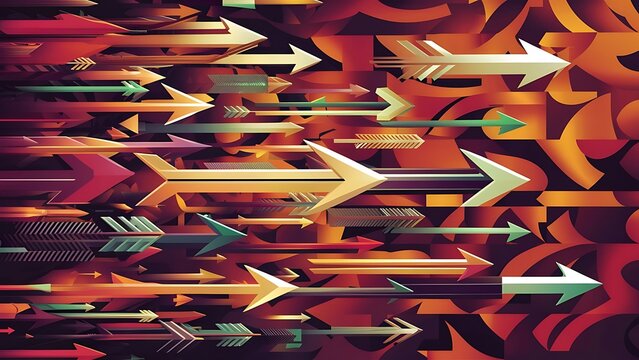Energetic geometric background featuring an array of dynamic arrows in harmonious motion, evoking sense of speed, agility and purposeful flow