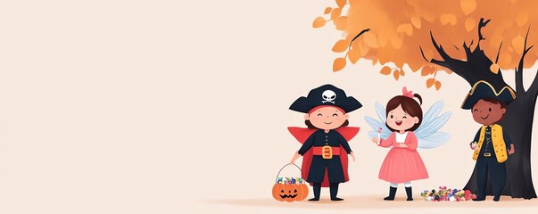 Fototapeta premium Children dressed as pirates, fairies, and superheroes gathering candy under a spooky tree, Halloween trick-or-treat, fantastical fun