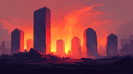 Eerie serenity the enigmatic silhouettes of ancient monoliths against a fiery horizon at dusk