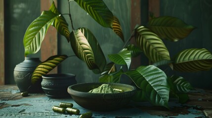 Green powder in a bowl, capsules, and green leaves on a wooden surface.