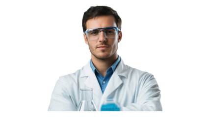 Young male scientist in lab coat and protective eyewear conducting research in a laboratory setting.