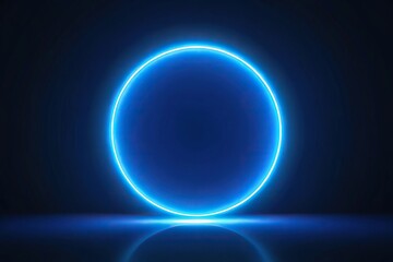 Obraz premium Mystical neon blue geometric circle on dark background tilted angle
