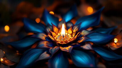 A single candle flame in a blue flower-shaped holder with other candlelights out of focus in the background.