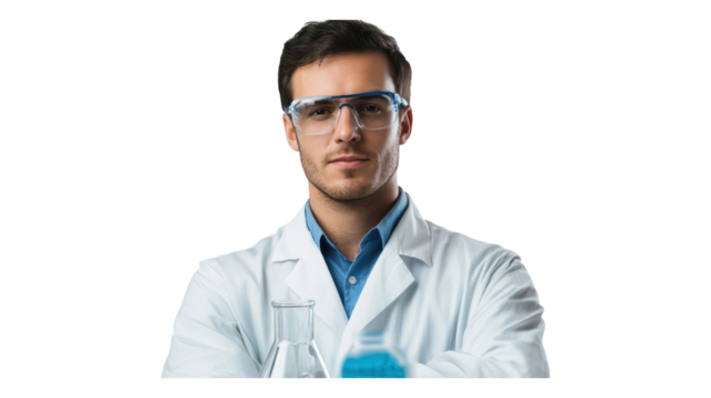 Young male scientist in lab coat and protective eyewear conducting research in a laboratory setting.