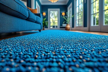 Blue Pebble Carpet in a Modern Room with Windows and Furniture