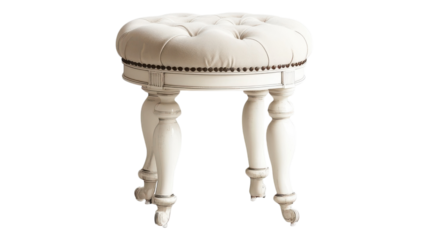 Elegant white upholstered stool with tufted top and decorative trim designed for vintage-style interiors in bright living spaces.