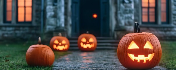 Obraz premium Children walking up to a gothic mansion door, glowing pumpkins lighting the path, a dark figure in the window, Halloween trick-or-treat, spooky atmosphere