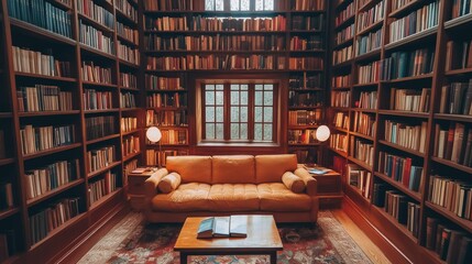Lush library with high shelves filled with books, and a cozy reading corner with a plush sofa and warm lighting for the perfect bookish atmosphere.