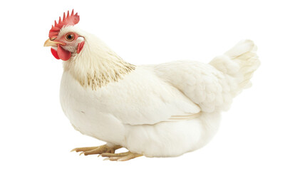 A plump white hen standing on a clean surface with a prominent red comb and wattles during daylight hours.